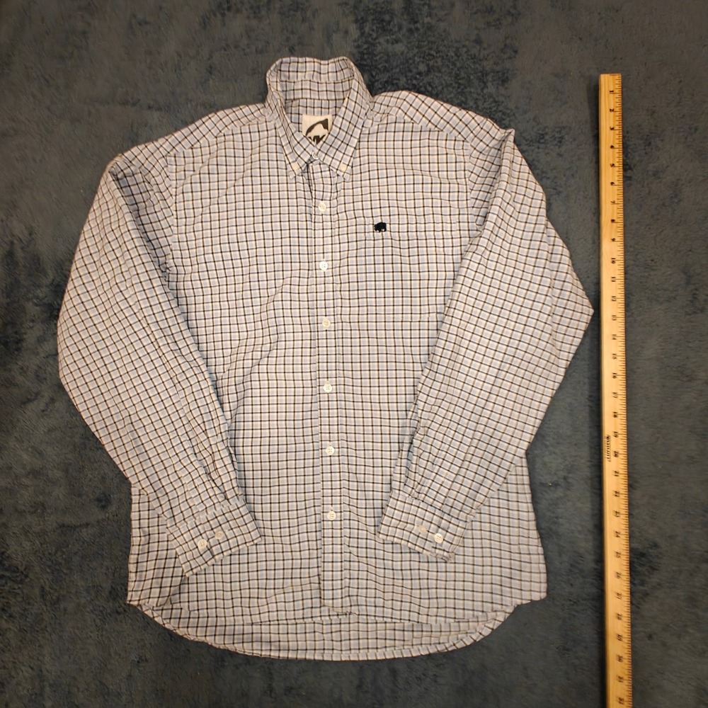 Mountain Khakis Mens Medium Blue Plaid Long Sleeve Button Down Bison Logo Shirt